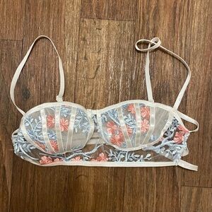Shein Womens Bra Bralette S Small 34” Beige Sheer Pink & Blue Embroidered Floral
